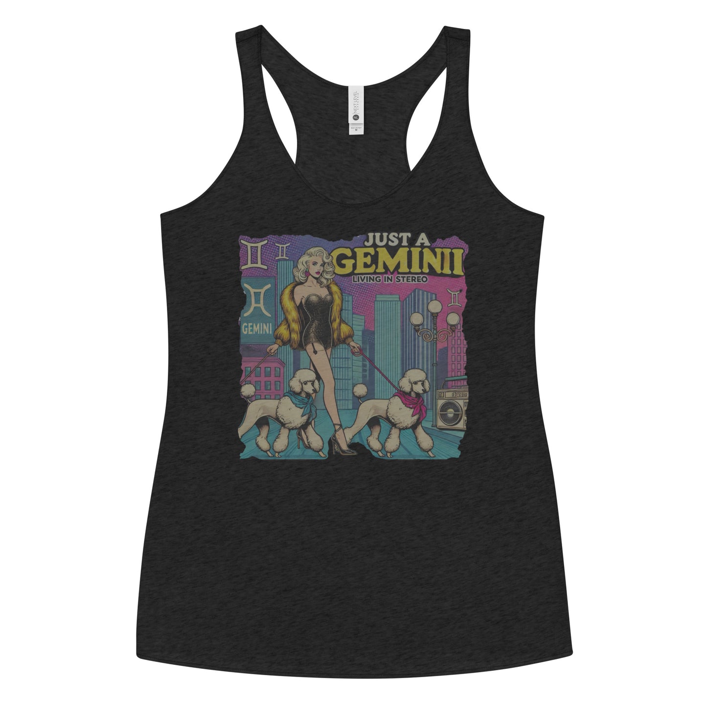 Flatlay of a heather black soft racerback tank t-shirt with a retro pop-art Gemini graphic featuring a blonde woman, in a short catsuit and fur coat walking two poodle dogs with neck scarfs with a city backdrop and a gettoblaster ‘Just a Gemini, Living in Stereo'