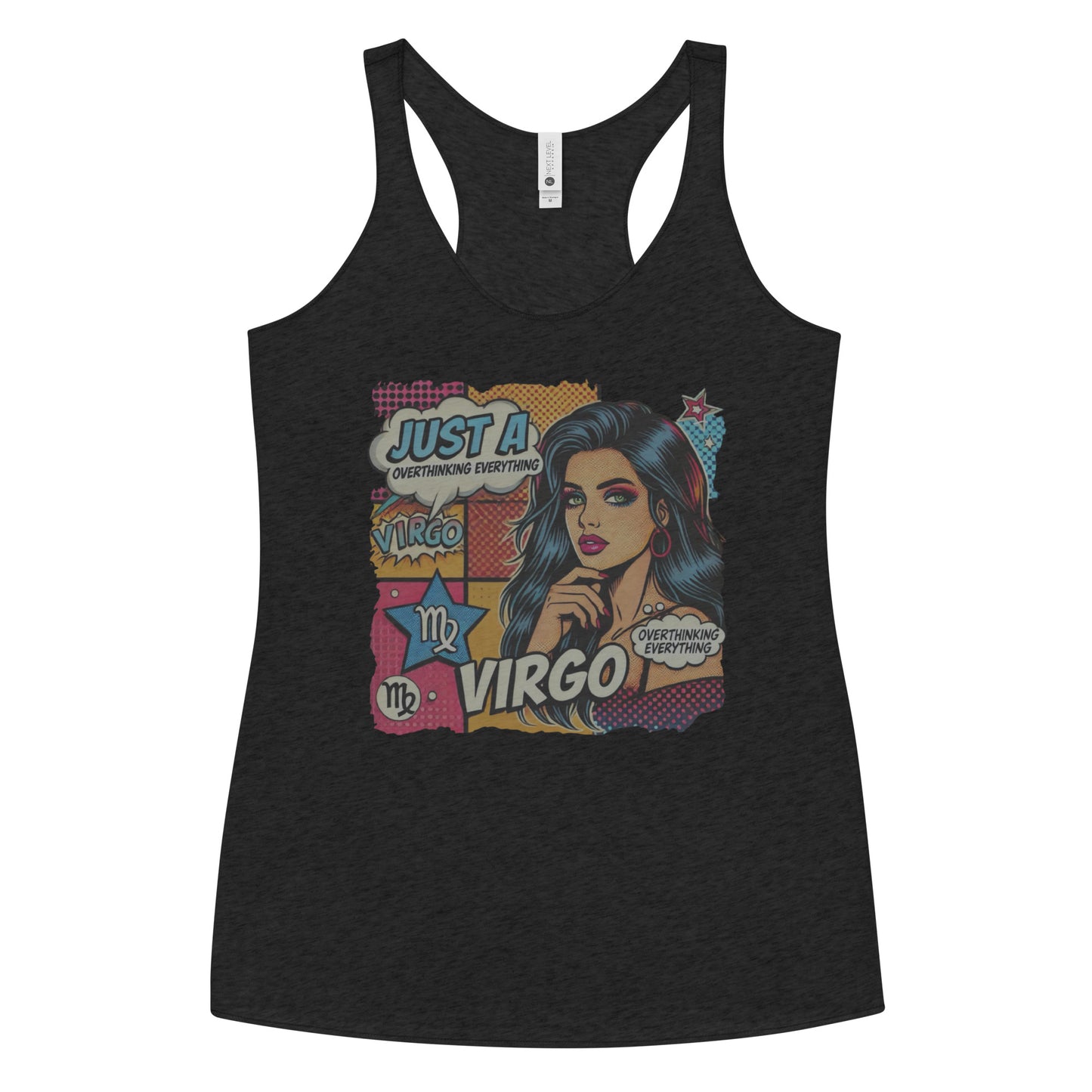 Flatlay of a heather black soft racerback tank t-shirt with a retro pop-art Virgo graphic featuring the head and shoulders of a dark long-haired woman, wearing an off the shoulder top with her hand on her chin, the background is colourful chequered board with two bubble captions ‘Just a Virgo, overthinking everything'