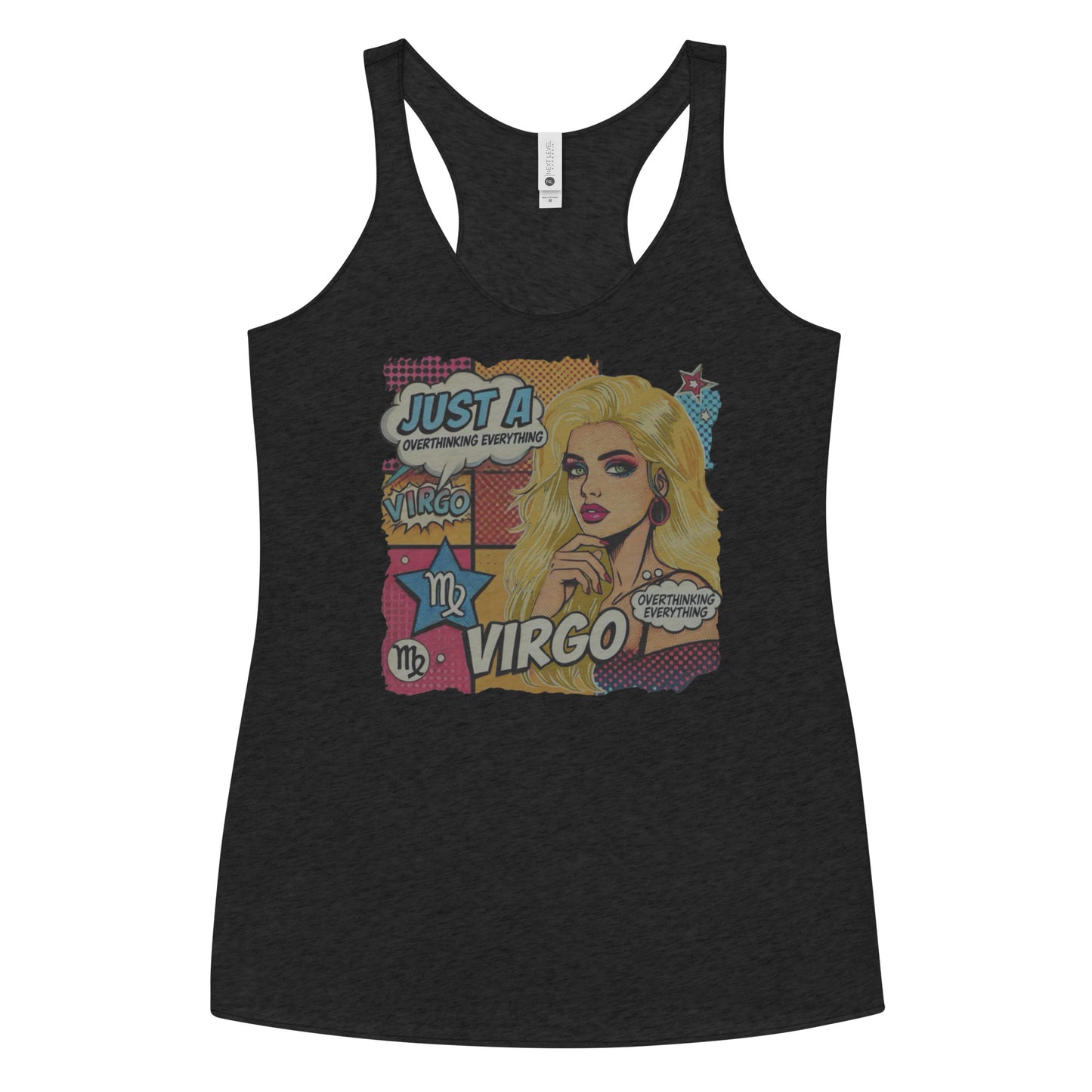 Flatlay of a heather black soft racerback tank t-shirt with a retro pop-art blonde Virgo graphic featuring the head and shoulders of a blonde woman, wearing an off the shoulder top with her hand on her chin, the background is colourful chequered board with two bubble captions ‘Just a Virgo, overthinking everything'