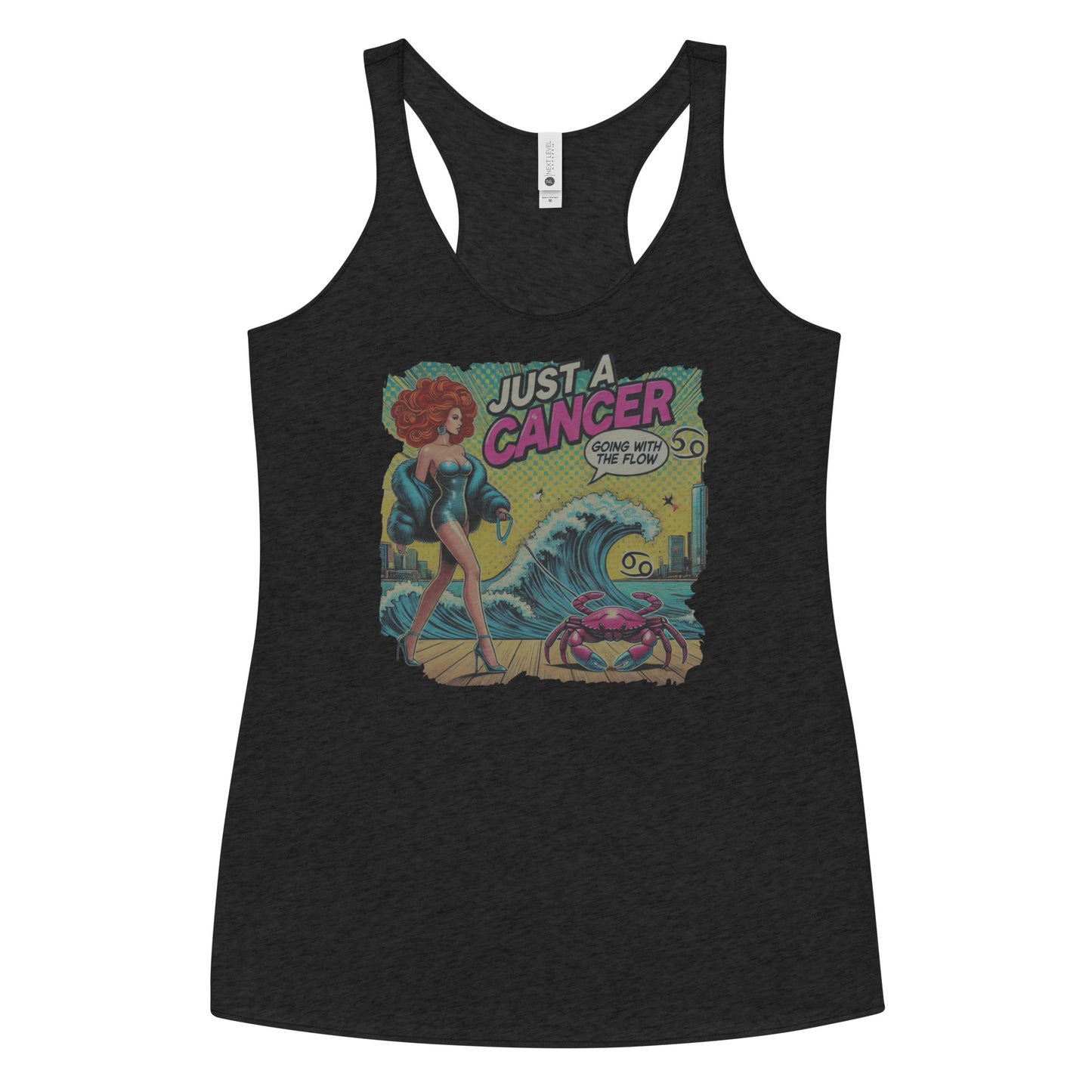 Flatlay of a heather black soft racerback tank t-shirt with a retro pop-art redhead Cancer graphic featuring a redhead woman, wearing a turquoise short strapless catsuit, fur coat and strappy heels, walking a pink crab on a leash, with a high water wave and city backdrop captioned Just an Cancer, Going with the Flow'