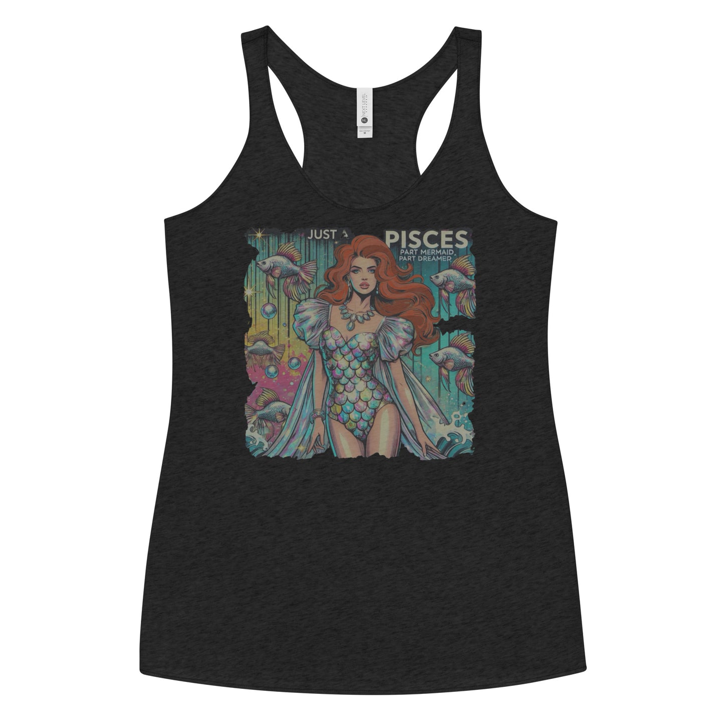 Flatlay of a heather black soft racerback tank t-shirt with a retro pop-art redhead Pisces graphic featuring a redhead woman in a fish-scale dress, with fishes and bubbles backdrop, captioned ‘Just a Pisces, Part Mermaid, Part Dreamer'