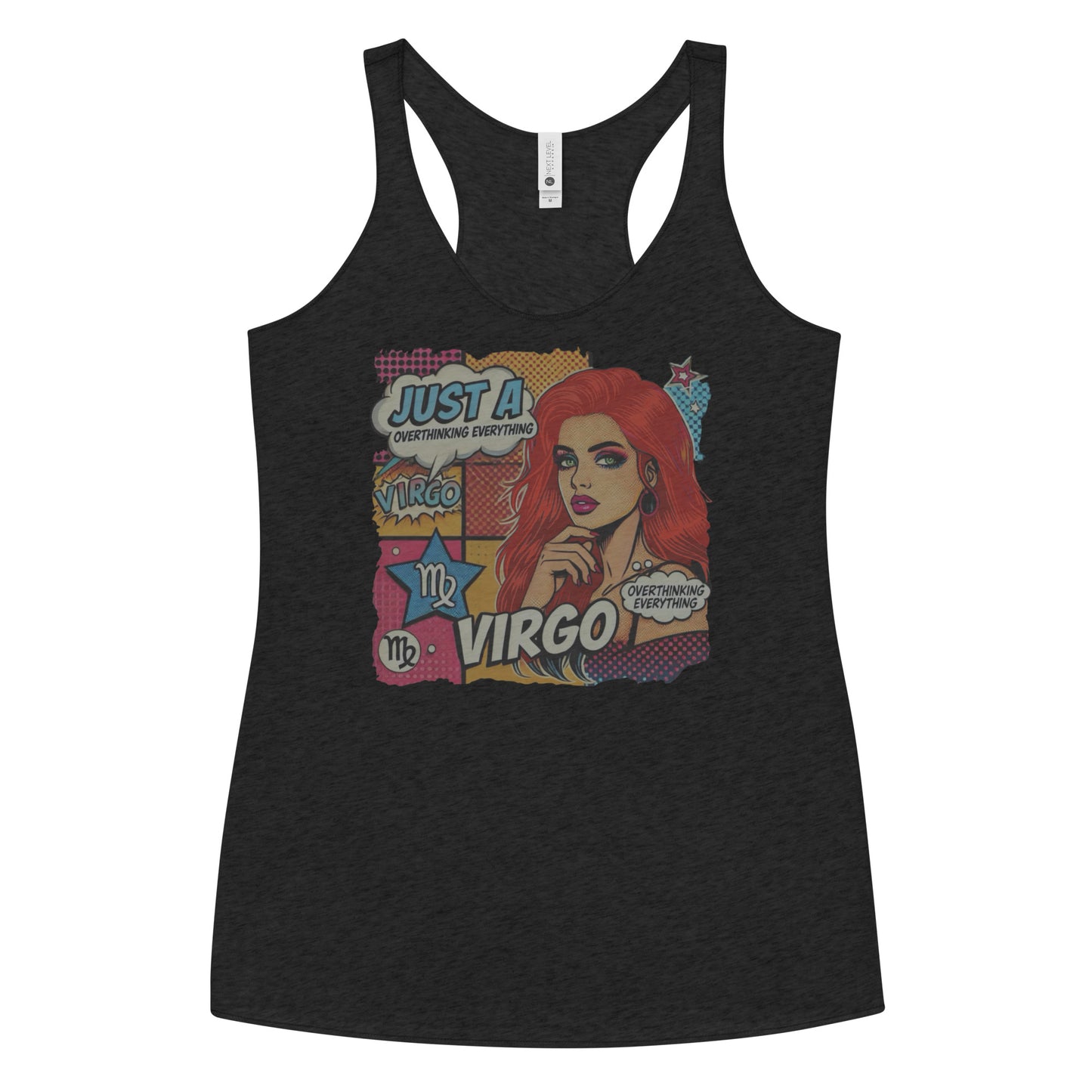 Flatlay of a heather black soft racerback tank t-shirt with a retro pop-art redhead Virgo graphic featuring the head and shoulders of a redhead woman, wearing an off the shoulder top with her hand on her chin, the background is colourful chequered board with two bubble captions ‘Just a Virgo, overthinking everything'