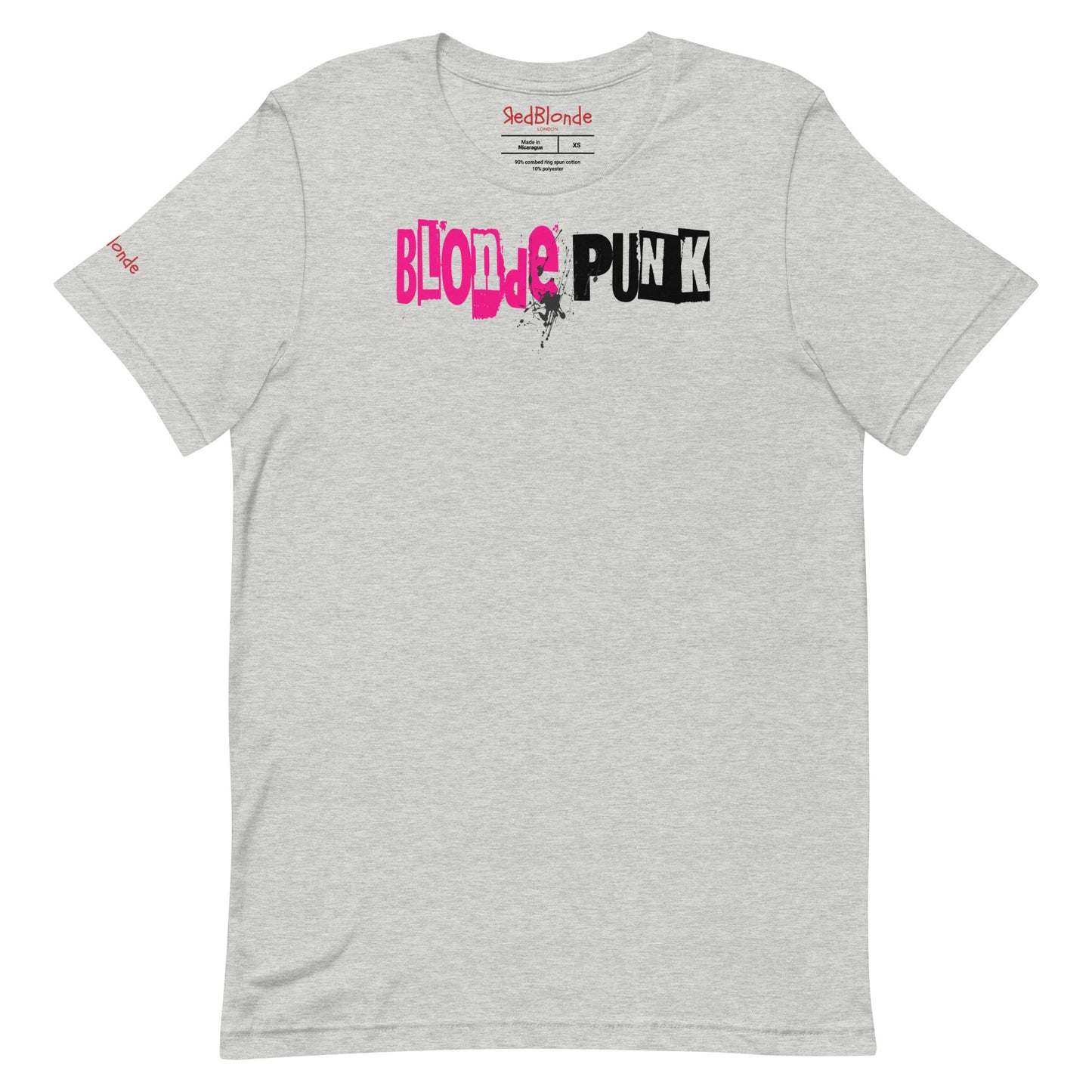 flatlay of a heather grey relaxed fit graphic t-shirt with 'Blonde Punk' in irregular printing block style caps and lowercase . Blonde is written in bright prink and Punk in black lettering. Branded RedBlonde London in inside neck and right sleeve