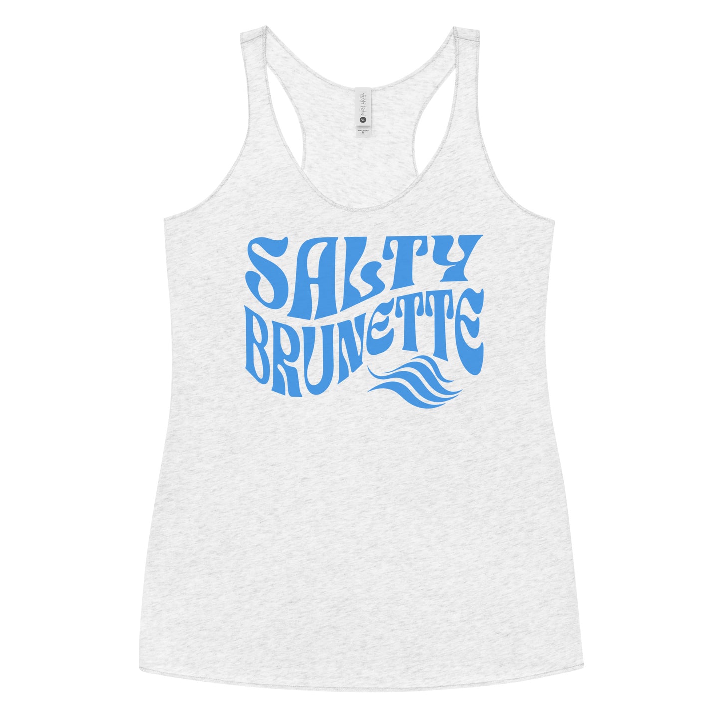Flatlay of a heather white soft racerback tank t-shirt with 'Salty Brunette' play on words slogan in white retro 70s font. Branded RedBlonde London on reverse