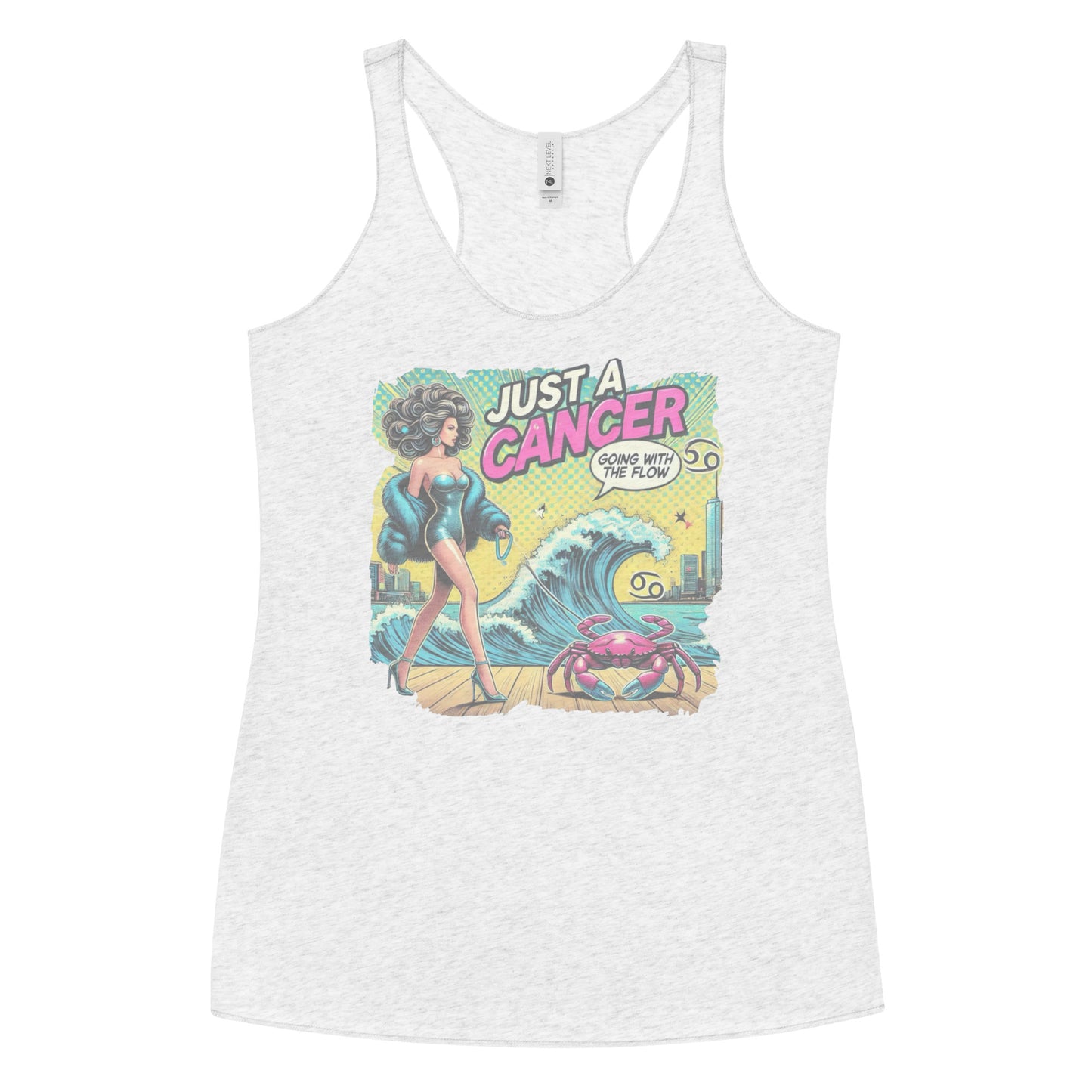 Flatlay of a heather white soft racerback tank t-shirt with a retro pop-art Cancer graphic featuring a dark-haired woman, wearing a turquoise short strapless catsuit, fur coat and strappy heels, walking a pink crab on a leash, with a high water wave and city backdrop captioned Just a Cancer, Going with the Flow'