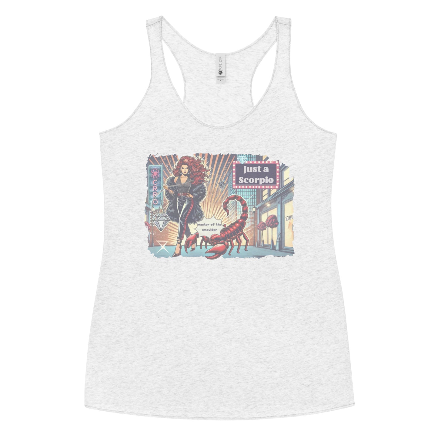 Flatlay of a heather white soft racerback tank t-shirt with a retro pop-art Scorpio graphic featuring a redhead woman with long flowing hair, wearing a black pants with a red stripe down the side, a halterneck top and fur coat, next to a large red scorpion walking down the street past a shop window captioned ‘Just an Scorpio, Master of the Smoulder'