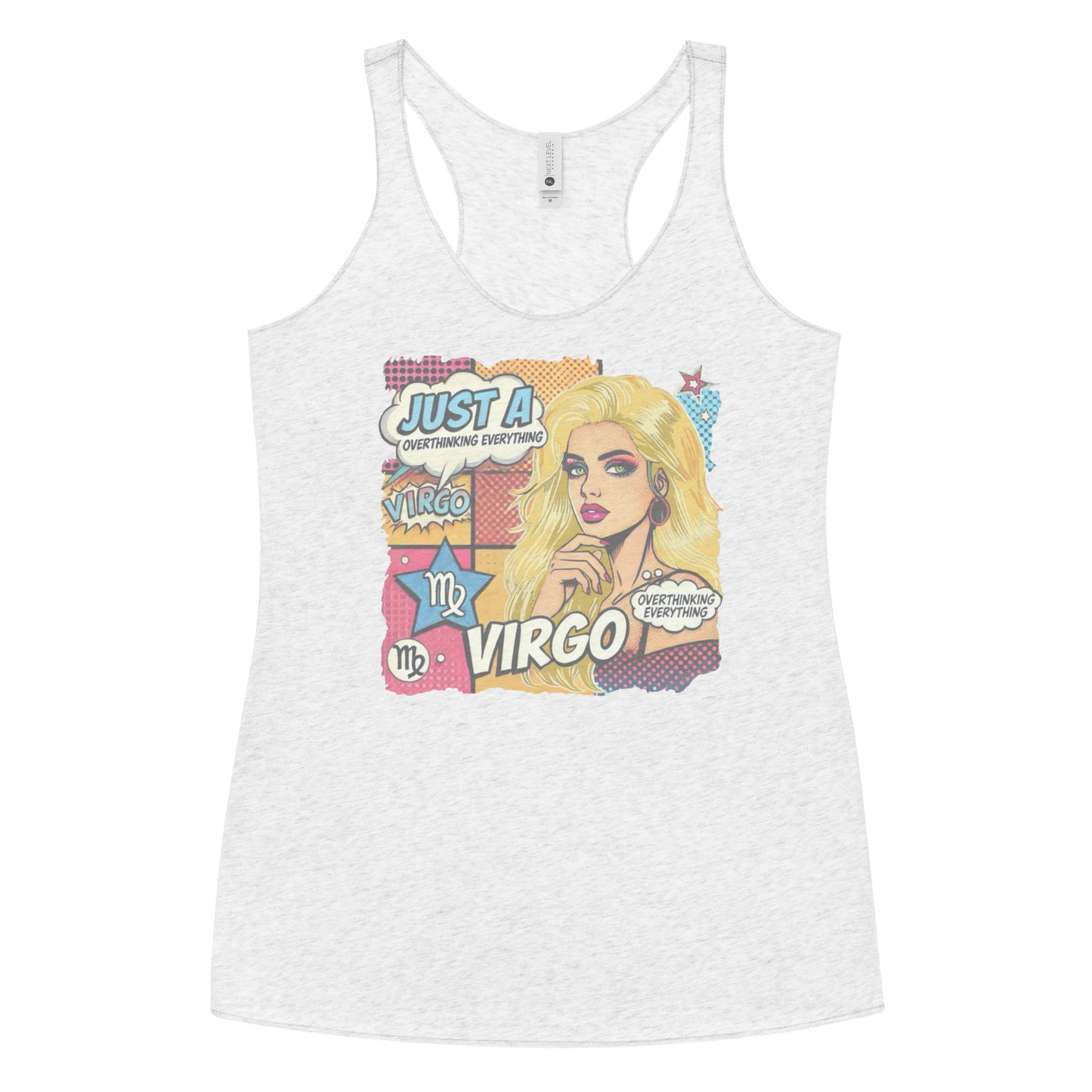 Flatlay of a heather white soft racerback tank t-shirt with a retro pop-art blonde Virgo graphic featuring the head and shoulders of a blonde woman, wearing an off the shoulder top with her hand on her chin, the background is colourful chequered board with two bubble captions ‘Just a Virgo, overthinking everything'