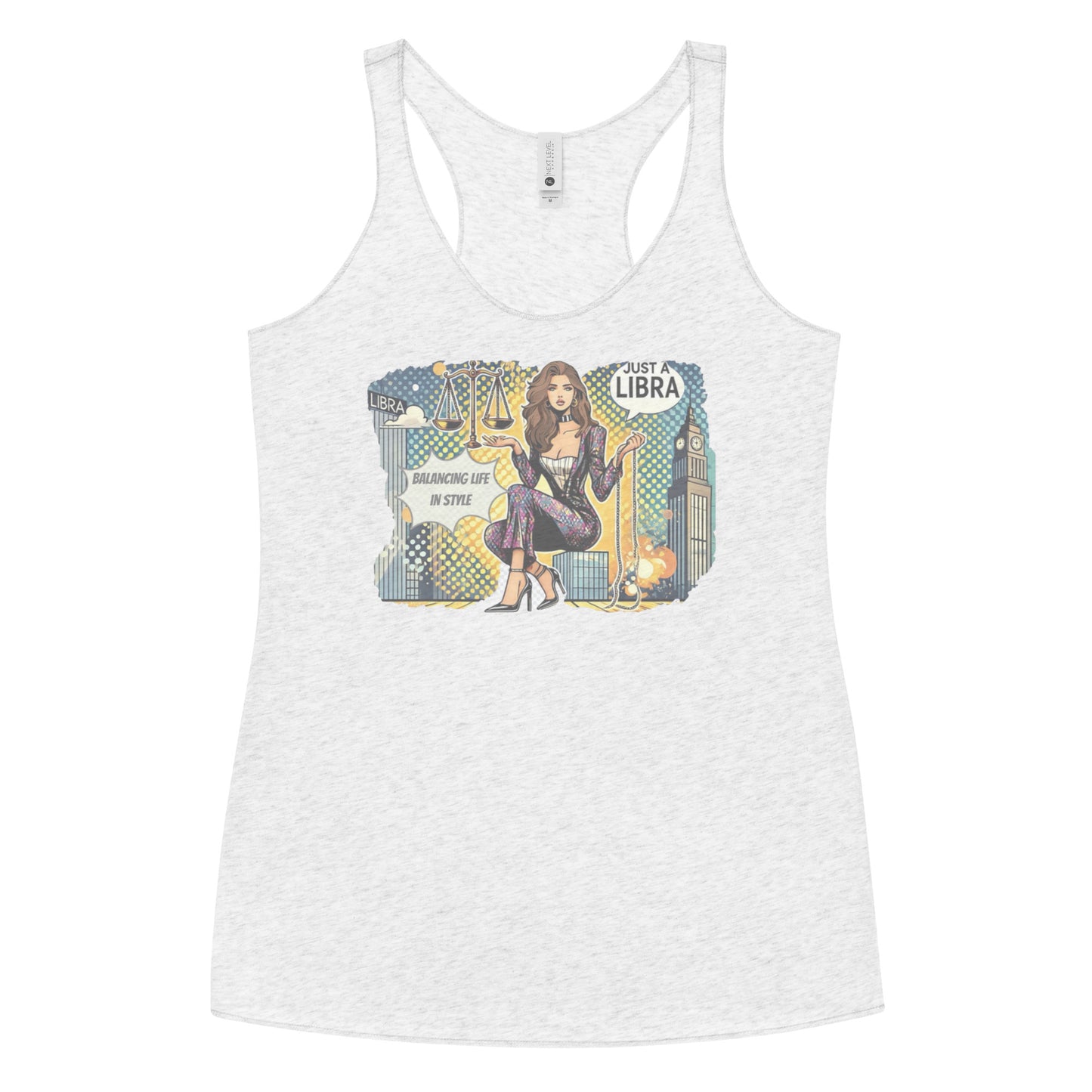 Flatlay of a heather white soft racerback tank t-shirt with a retro pop-art brunette Libra graphic featuring a brunette woman, scales, and a city backdrop, captioned ‘Just a Libra, Balancing Life in Style’.