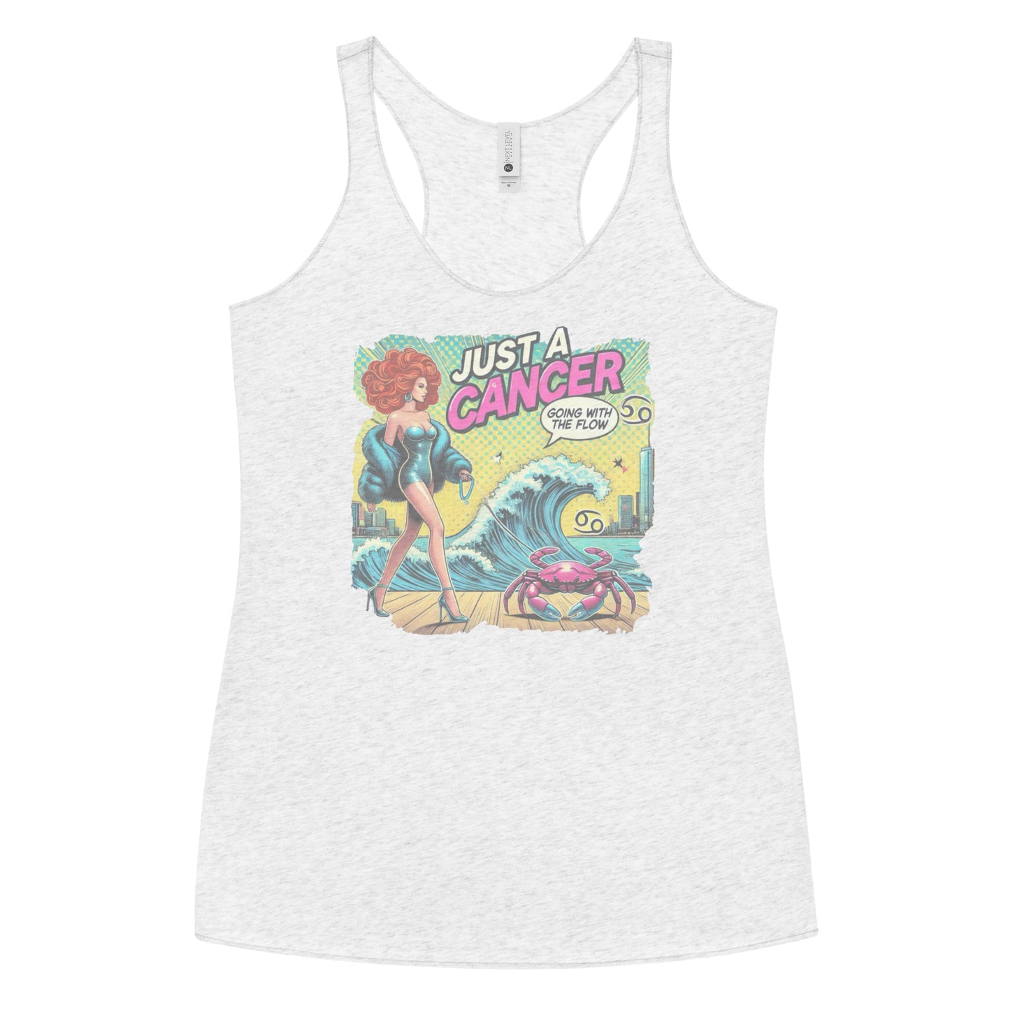Flatlay of a heather white soft racerback tank t-shirt with a retro pop-art redhead Cancer graphic featuring a redhead woman, wearing a turquoise short strapless catsuit, fur coat and strappy heels, walking a pink crab on a leash, with a high water wave and city backdrop captioned Just an Cancer, Going with the Flow'
