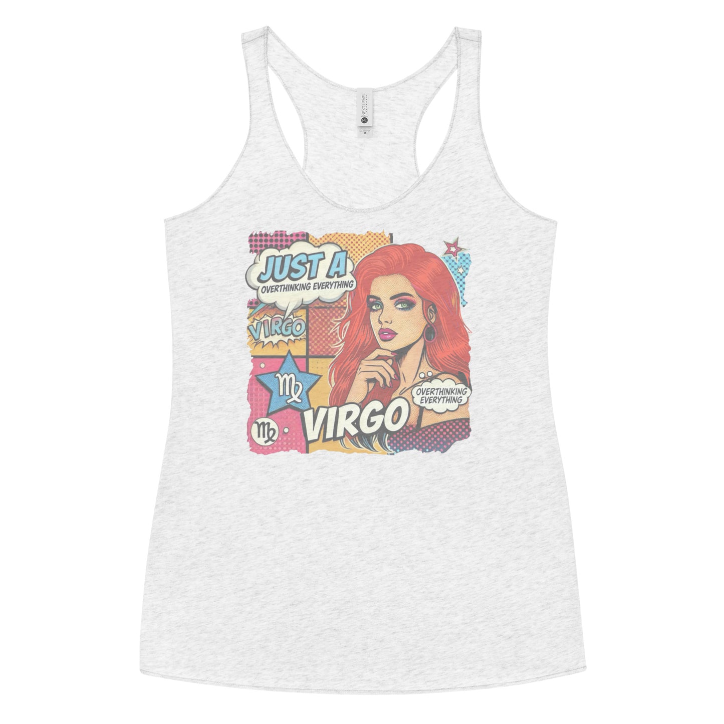 Flatlay of a heather white soft racerback tank t-shirt with a retro pop-art redhead Virgo graphic featuring the head and shoulders of a redhead woman, wearing an off the shoulder top with her hand on her chin, the background is colourful chequered board with two bubble captions ‘Just a Virgo, overthinking everything'