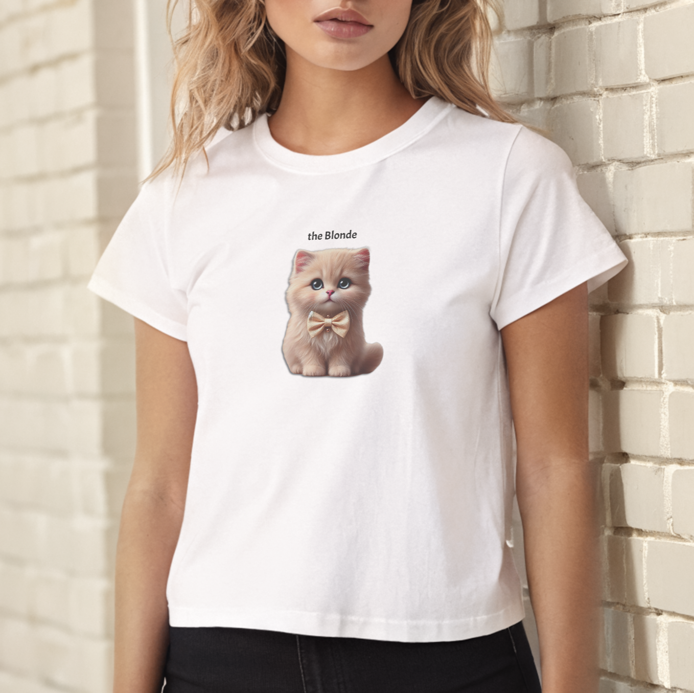 high waisted relaxed white t-shirt with cute graphic of blonde kitten wearing a bow-tie and the words 'the Blonde' linking to Blonde hair