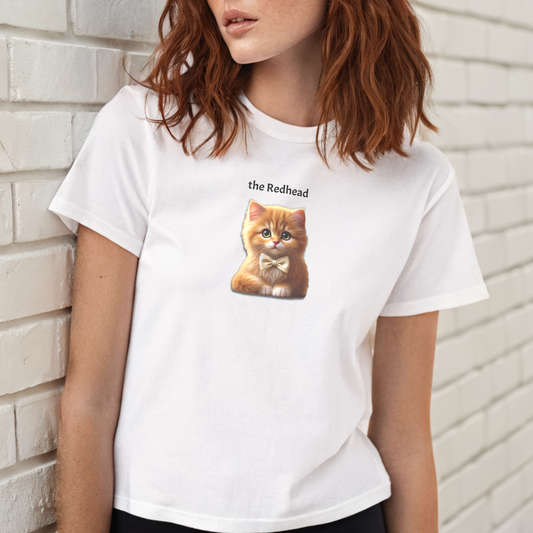 high waisted relaxed white t-shirt with cute graphic of red/ginger/auburn kitten wearing a bow-tie and the words 'the Redhead' linking to red/ginger/auburn hair.