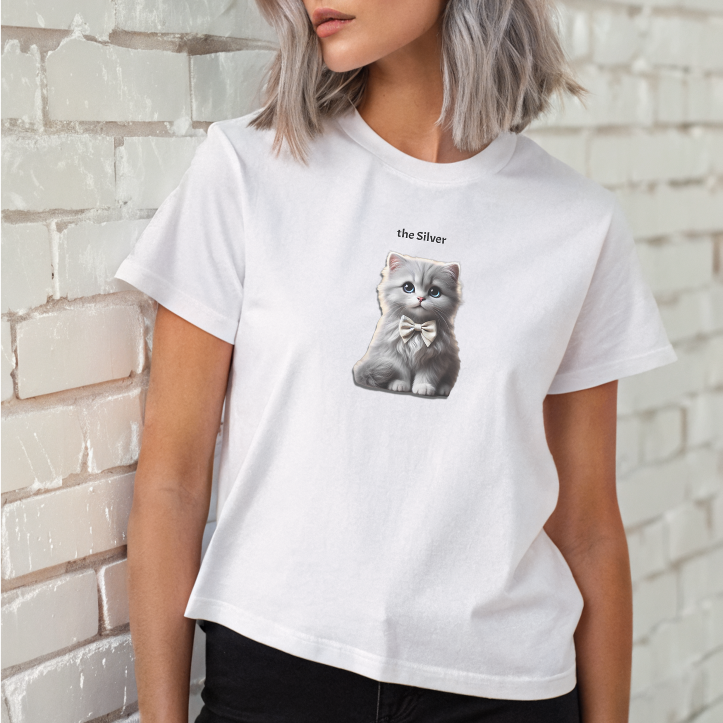 high waisted relaxed white t-shirt with cute graphic of silver kitten wearing a bow-tie and the words 'the Silver' linking to silver/grey hair