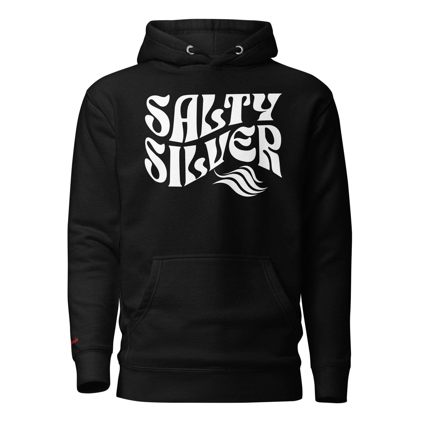 Flatlay of a Classic relaxed fit unisex hoodie in black with 'Salty Silver' play on words slogan in white retro 70s wavy Solino Display text. branded redblonde on inside neck and right shoulder in red