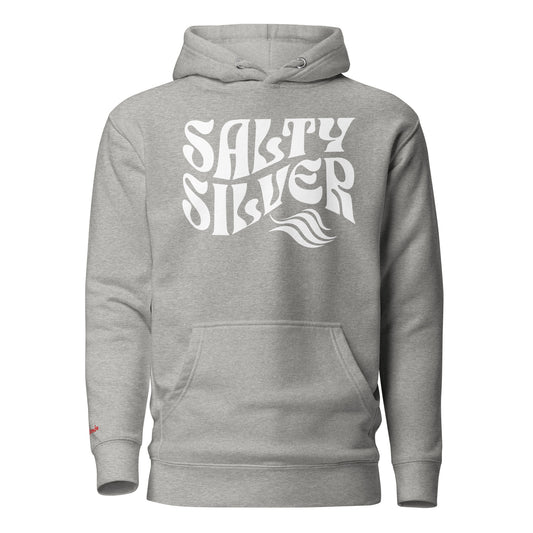 Flatlay of a Classic relaxed fit unisex hoodie in grey with 'Salty Silver' play on words slogan in white retro 70s wavy Solino Display text. branded redblonde on inside neck and right shoulder in red