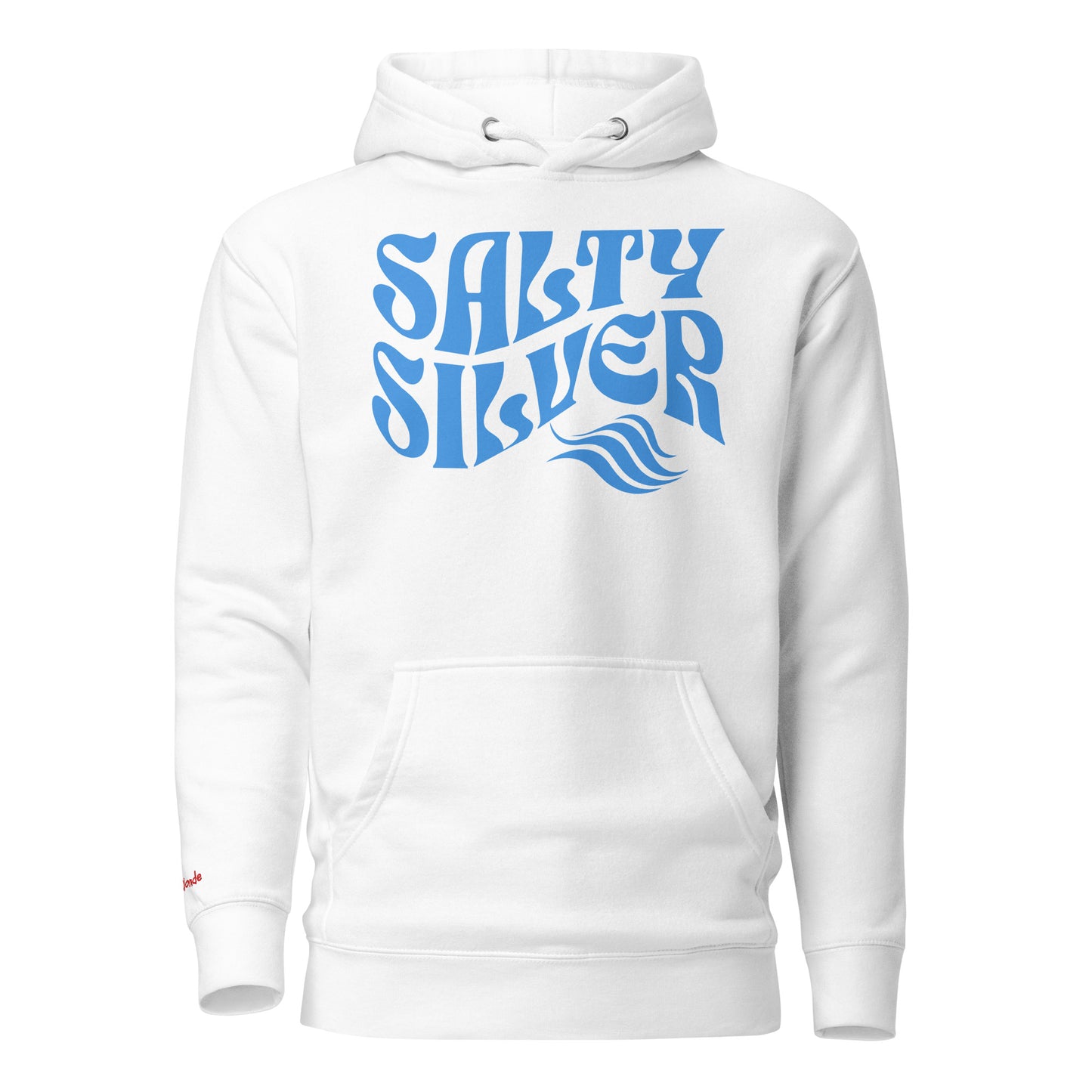 Flatlay of a Classic relaxed fit unisex hoodie in white with 'Salty Silver' play on words slogan in blue retro 70s wavy Solino Display text. branded redblonde on inside neck and right shoulder in red