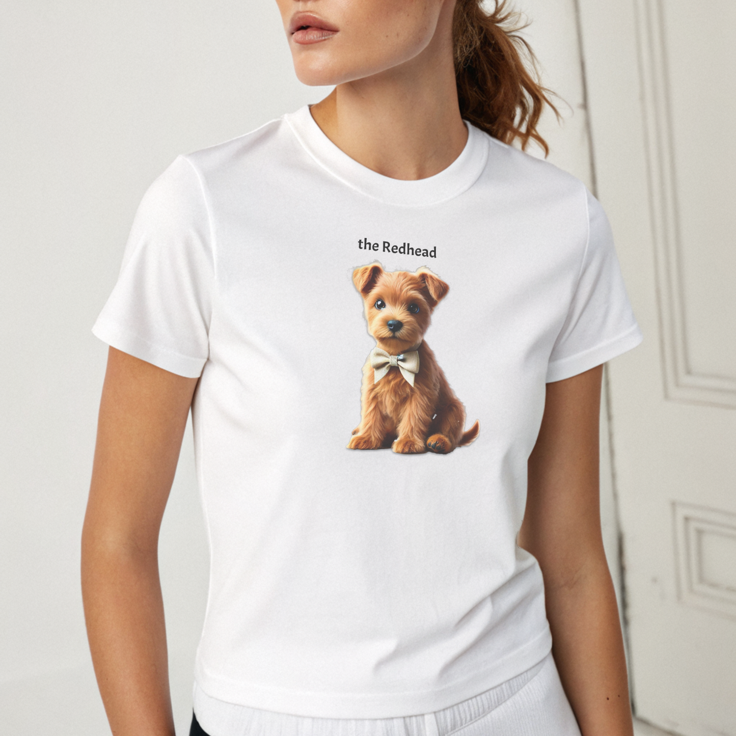 high waisted relaxed white t-shirt with cute graphic of red/ginger puppy wearing a bow-tie and the words 'the Redhead' linking to red/ginger/auburn hair.