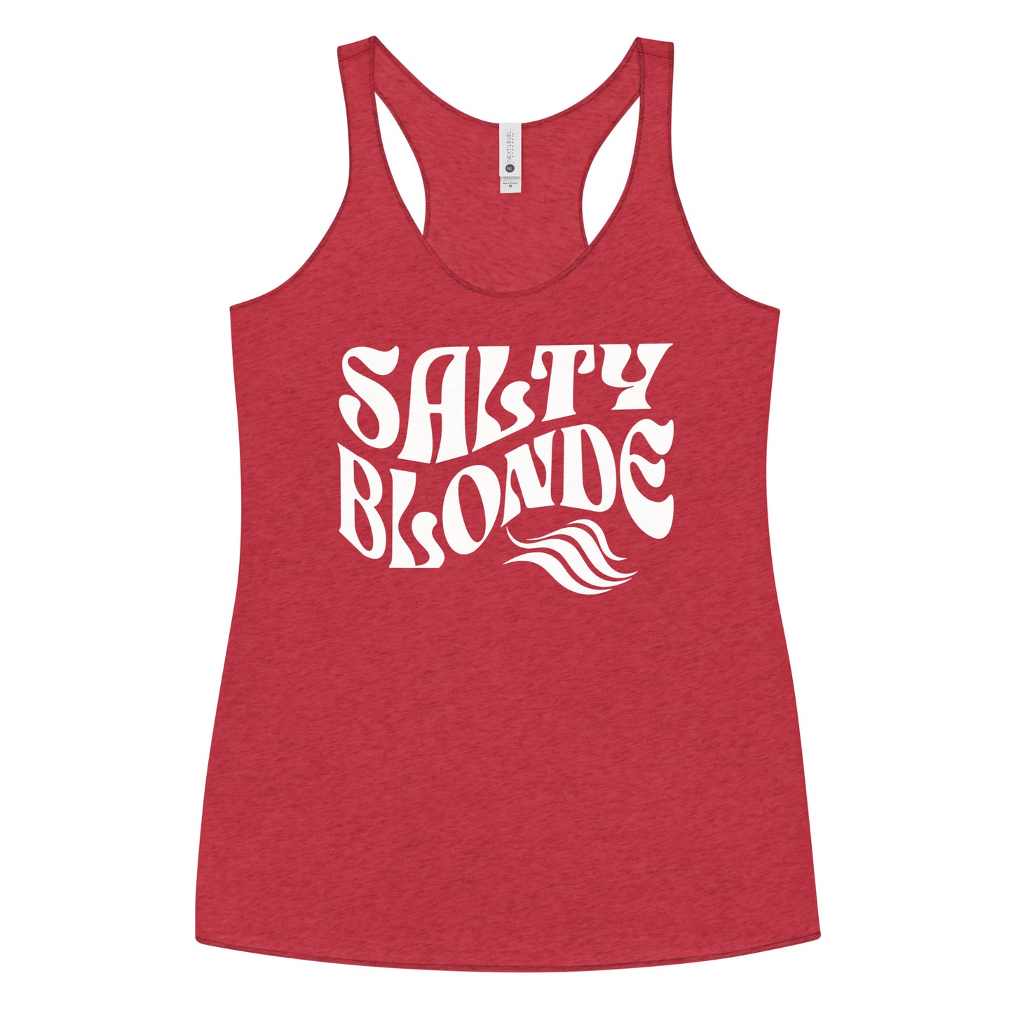 Flatlay of a vintage red soft racerback tank t-shirt with 'Salty Blonde' play on words slogan in white retro 70s font. Branded RedBlonde on reverse