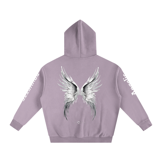 Back view of a lavender hoodie featuring large silver angel wings printed across the back, with white RedBlonde signature logo underneath. Each sleeve features gothic New Rockstar font graphic text one sleeve says 'Angelic' and the other 'Brunette'