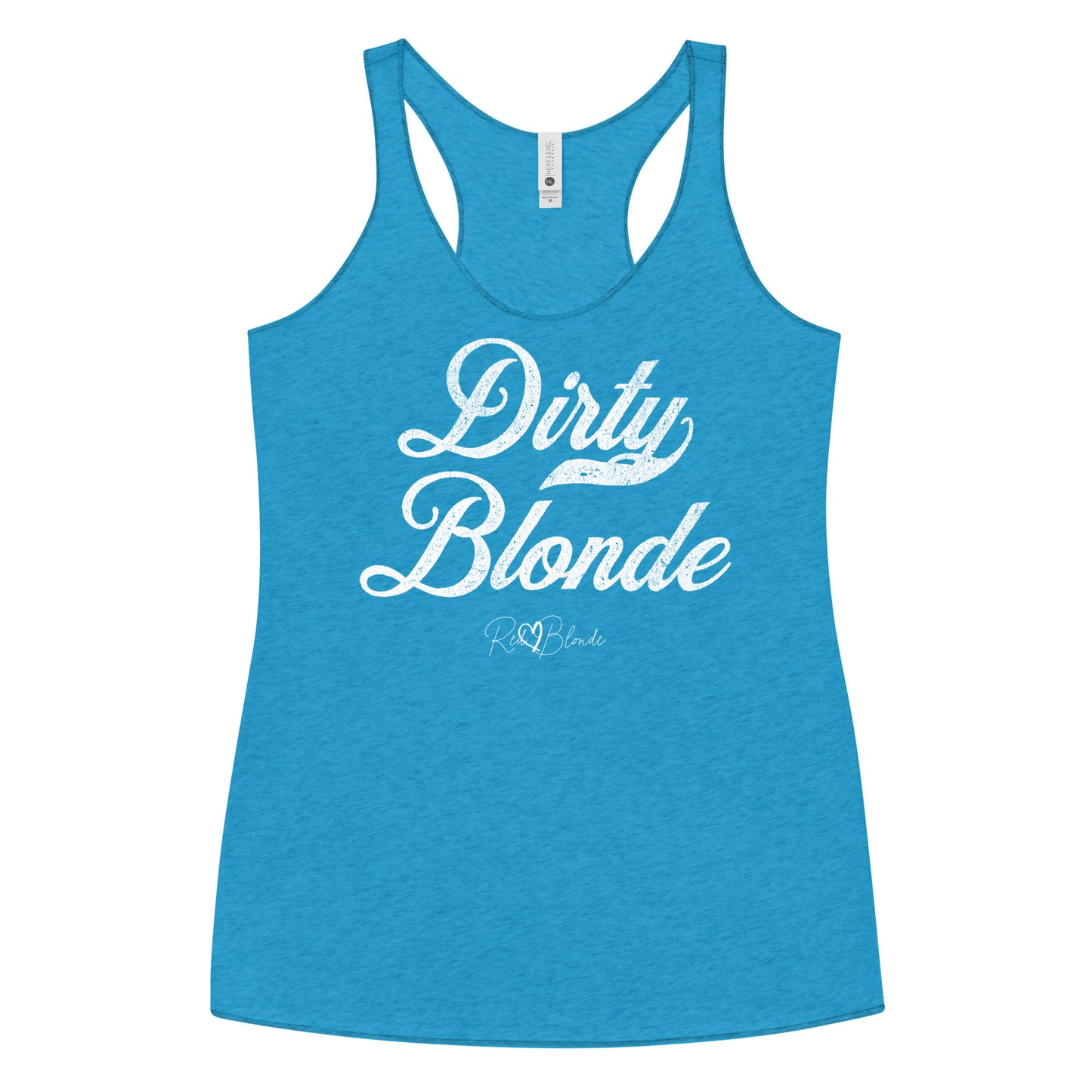 light blue women's racerback tank with the playful slogan ‘Dirty Blonde’ in white milk-store font, signed off RedBlonde. Branded RedBlonde London in red on the reverse