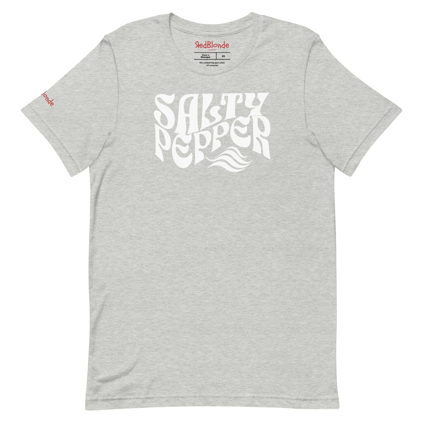 flatlay of light gray classic unisex graphic t-shirt with the slogan 'Salty Pepper' in Solino Display white retro 70s wavy font. Branded RedBlonde in red on inside neck and right sleeve