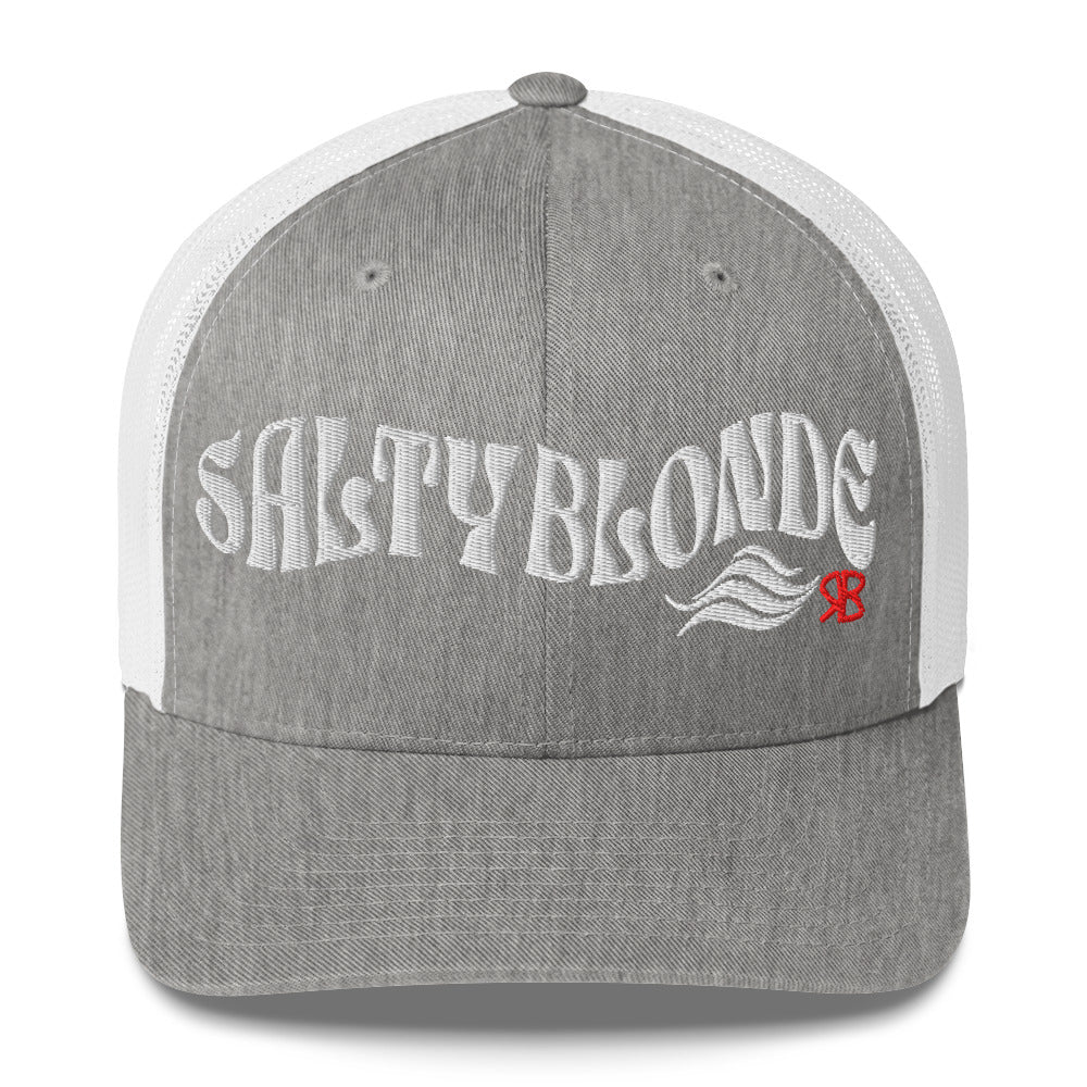 light gray / white trucker cap with 'Salty Blonde in white Solino display font. Branded RB in red