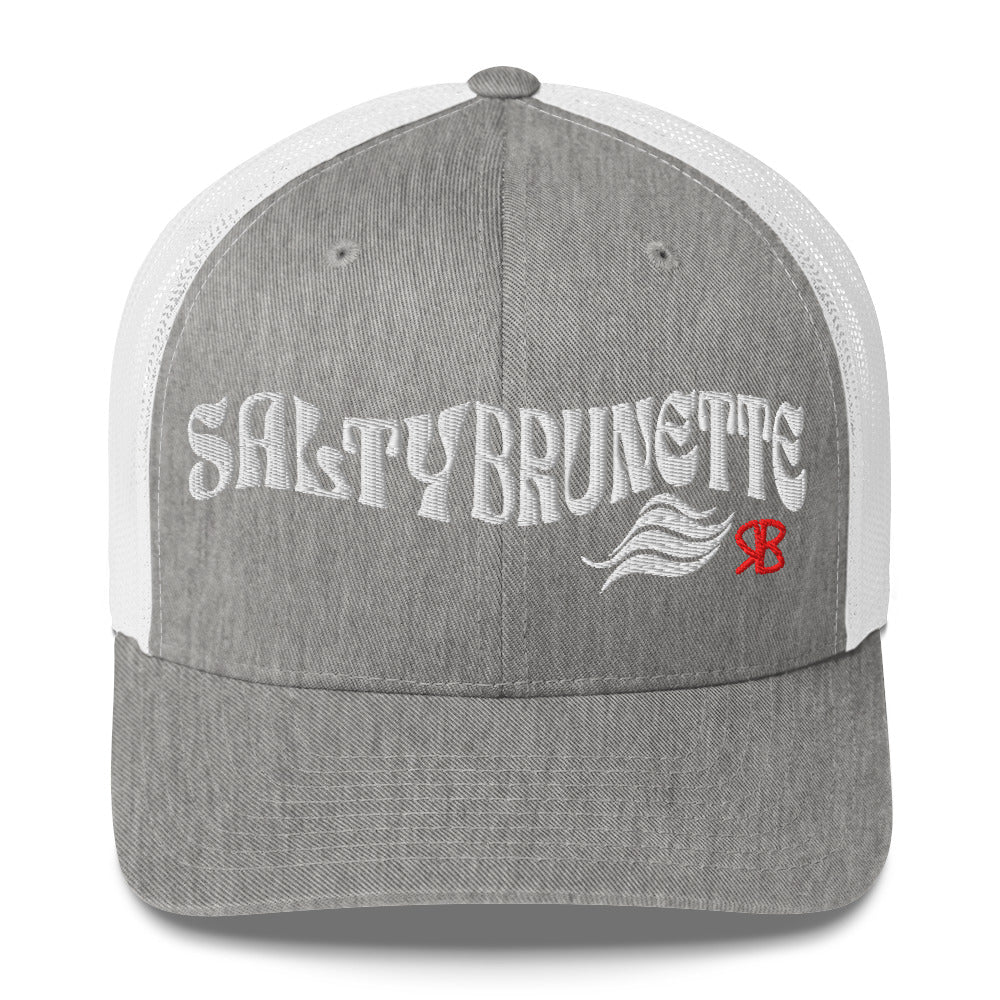 light gray/white trucker cap with 'Salty Brunette' in white Solino display font. Branded RB in red