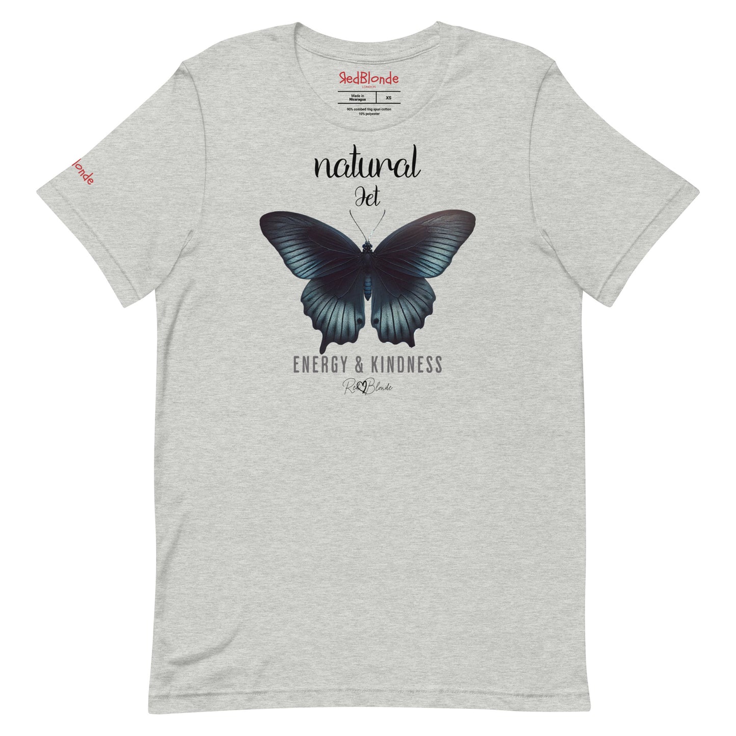 Flatlay of light grey unisex relaxed fit t-shirt with the words natural Jet in arionna font above a graphic of a black butterfly with 'ENERGY & KINDNESS' below in adventurer 06 font signed off by RedBlonde. Branded RedBlonde London on inside neck and right sleeve