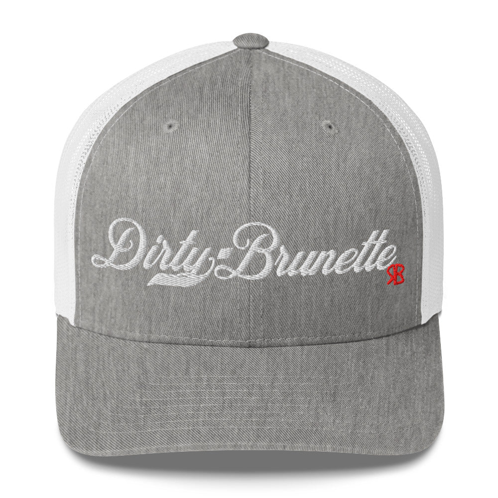 light grey/white trucker cap with 'Dirty Brunette' in white milkstore font. Branded RB in Red