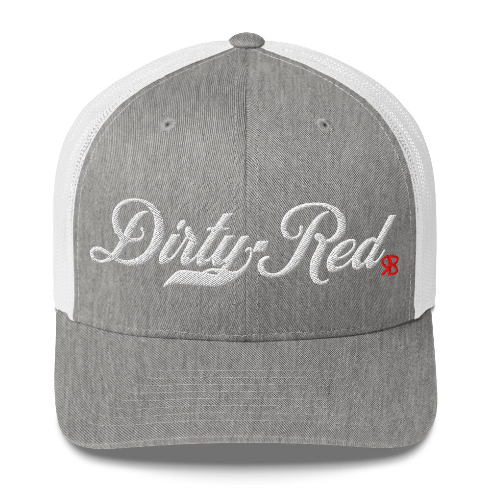 light grey/white trucker cap with 'Dirty Red' in white milkstore font. Branded RB in Red