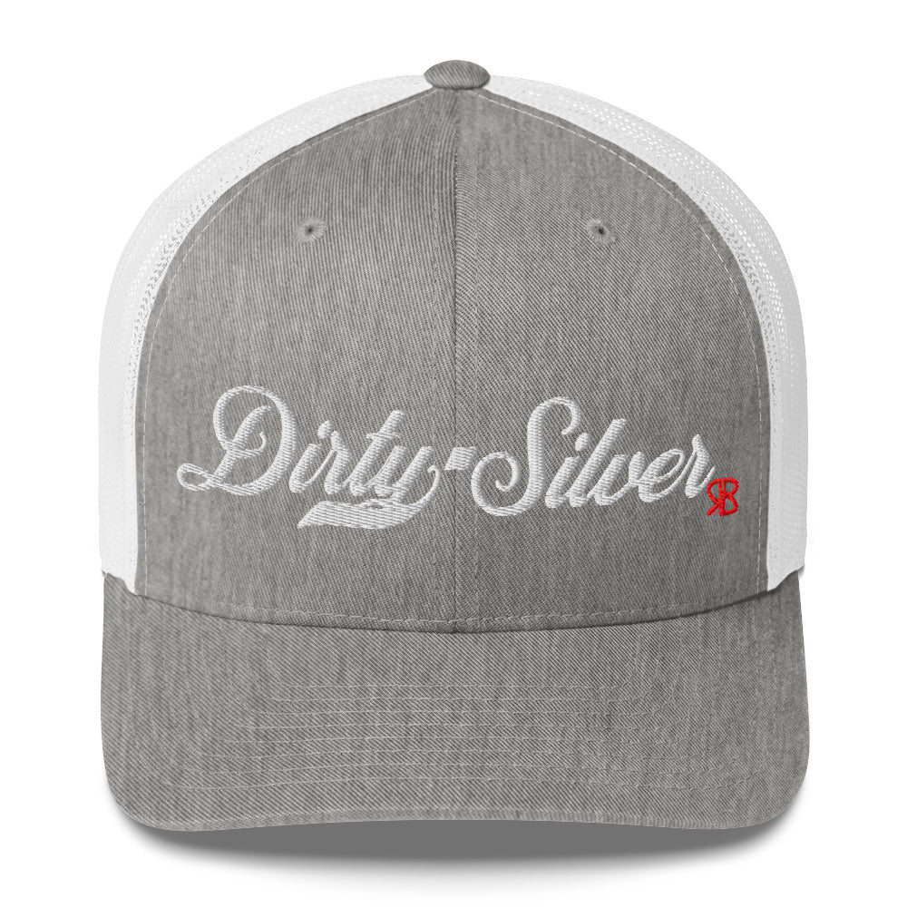 light grey/white trucker cap with 'Dirty Silver' in white milkstore font. Branded RB in Red