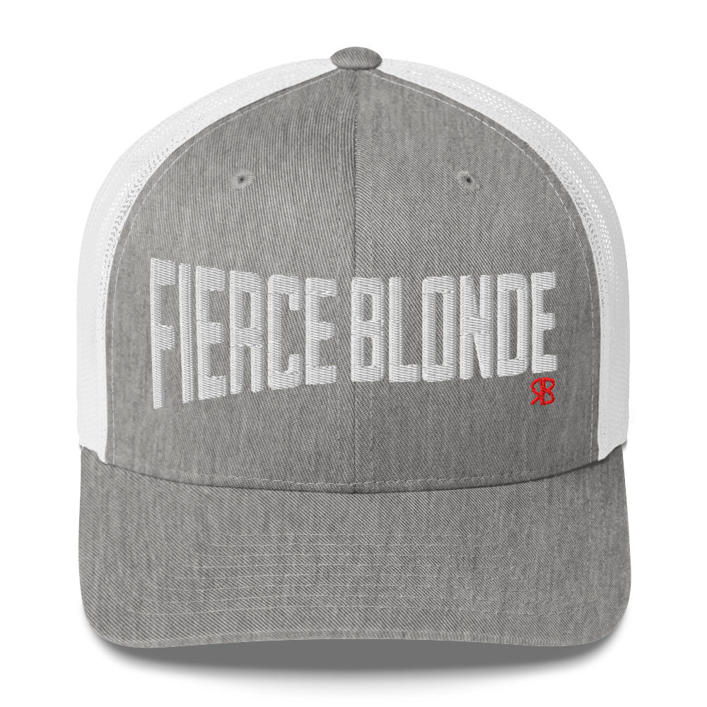 light grey / white retro trucker cap with bold white embroidered text “Fierce Blonde” across the front, featuring a small red RB logo on the side.