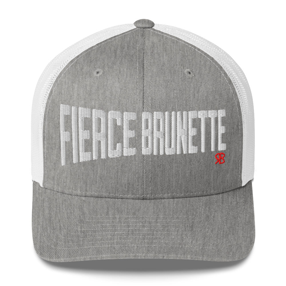 light grey/white retro trucker cap with bold white embroidered text “Fierce Brunette” across the front, featuring a small red RB logo on the side.