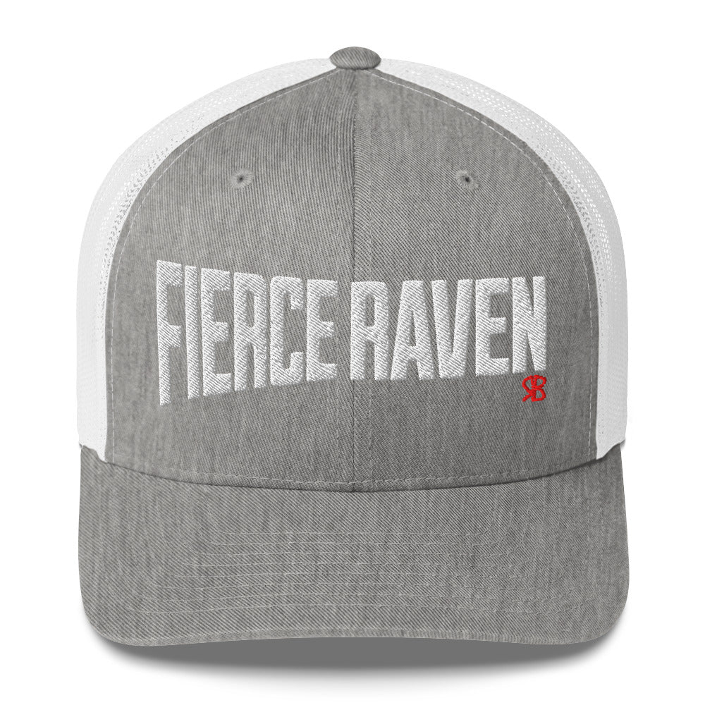 light grey/white retro trucker cap with bold white embroidered text “Fierce Raven” across the front, featuring a small red RB logo on the side.