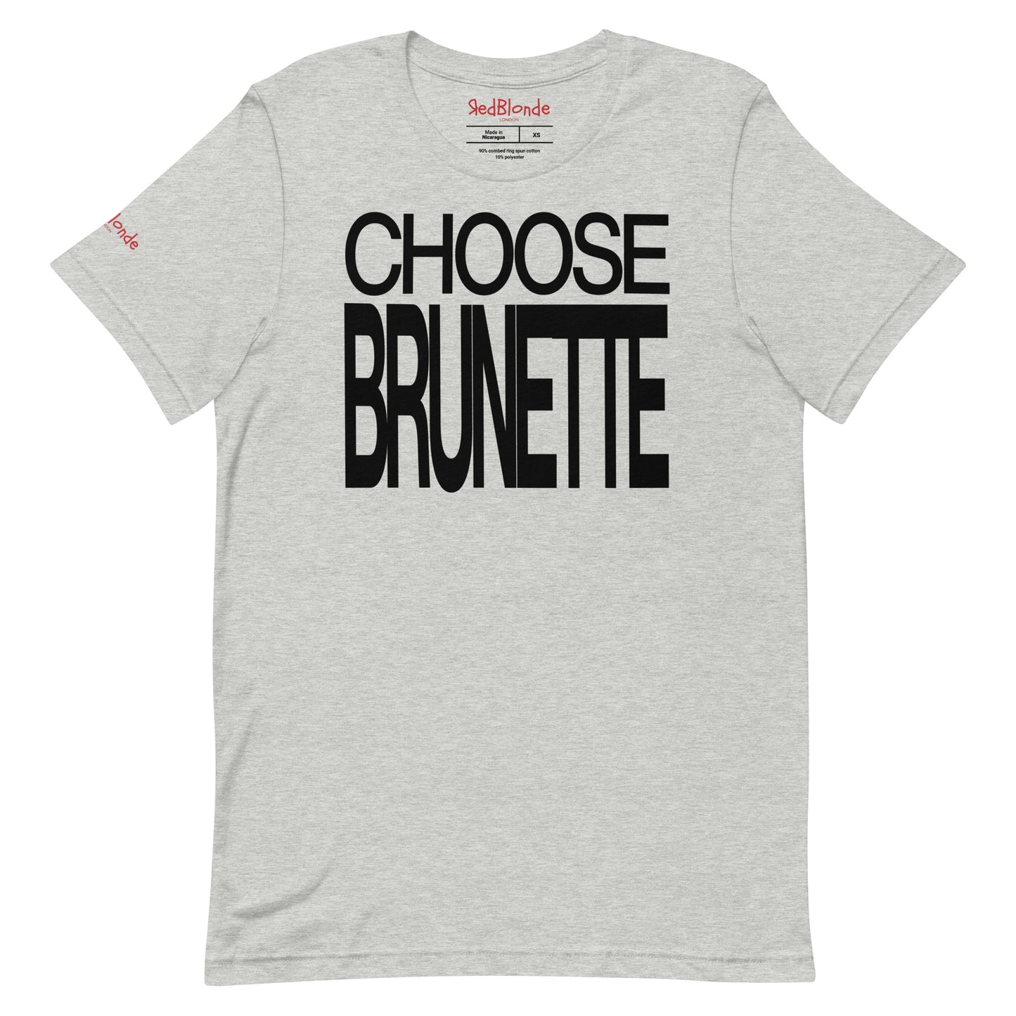 Flatlay of a 80s inspired unisex light heather grey relaxed fit graphic t-shirt with “Choose Brunette” in black emblazoned on the front. Branded RedBlonde on the inside neck and right shoulder in red