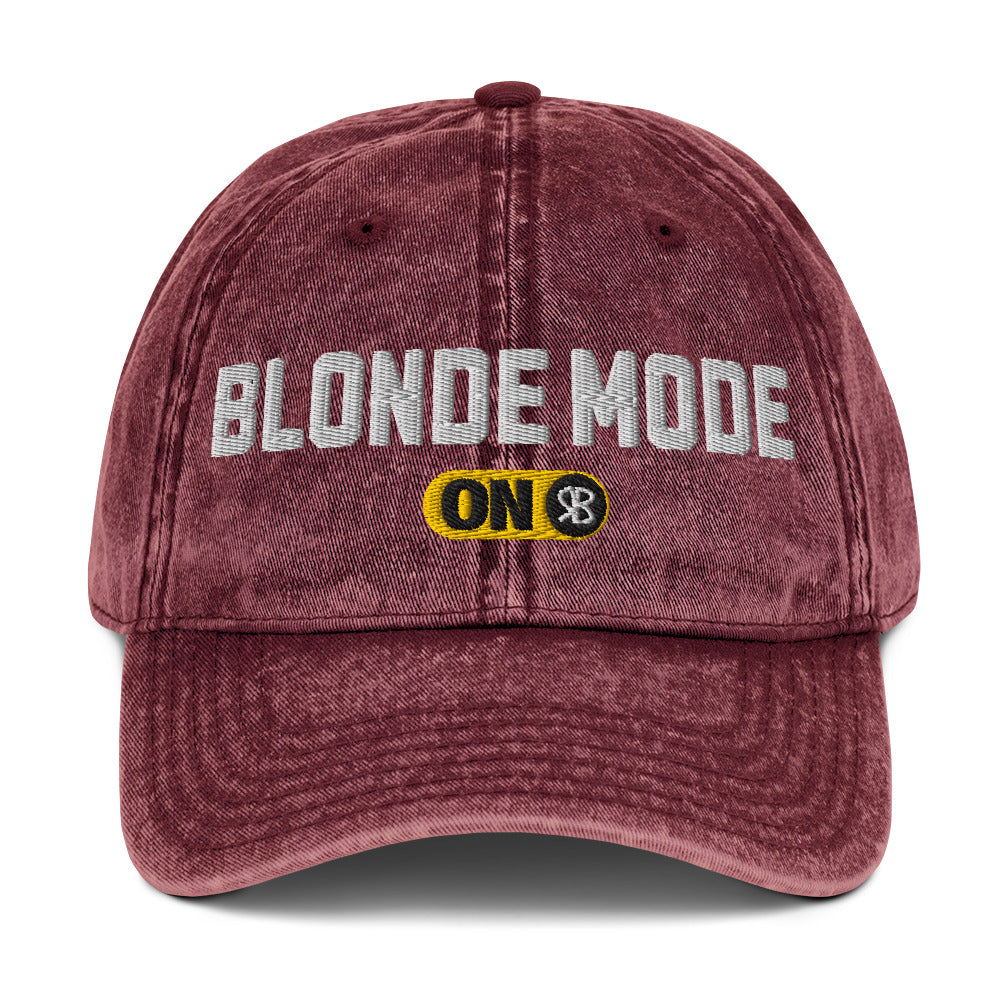 maroon denim cap with 'Blonde Mode ON' embroidered in white Univercity font with RB logo