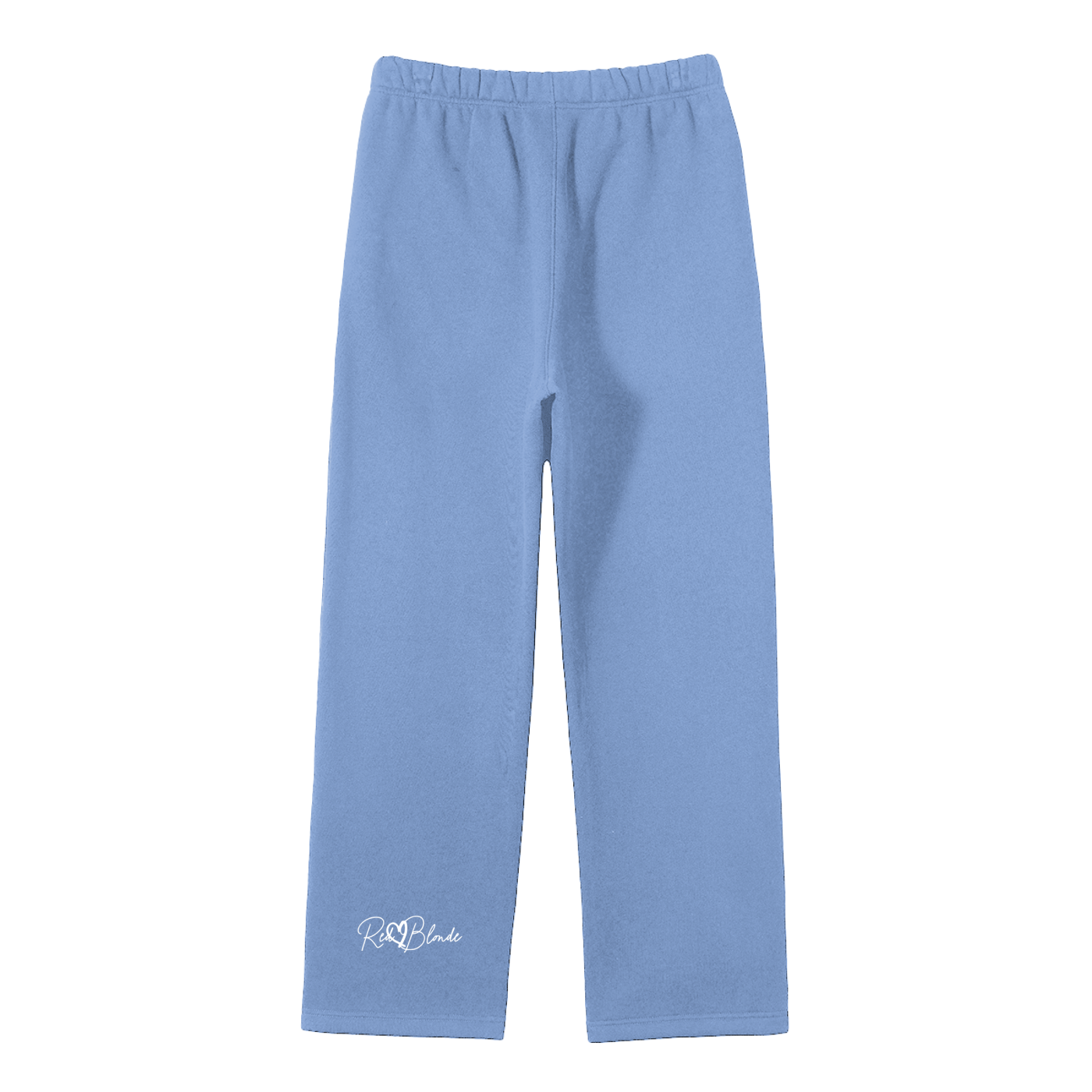 back view of medium blue straight leg joggers with RedBlonde signature logo