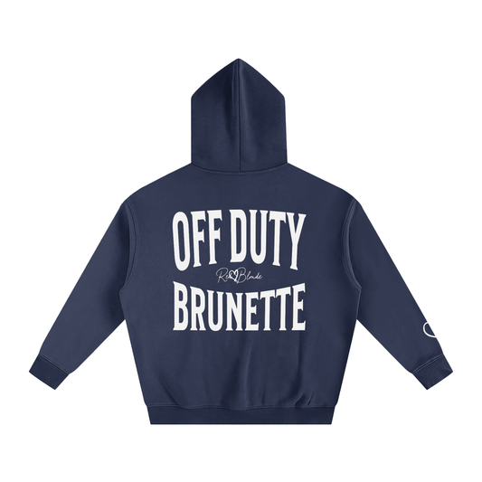 Navy hoodie, back view, with large white ‘OFF DUTY BRUNETTE’ Brookfield text print and small RedBlonde signature logo beneath.