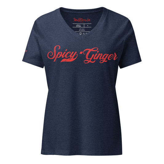 navy v-neck relaxed fit t-shirt with the playful slogan ‘Spicy Ginger’ in red milk-store font, signed off RedBlonde. Branded RedBlonde London in red on inside neck and right cuff