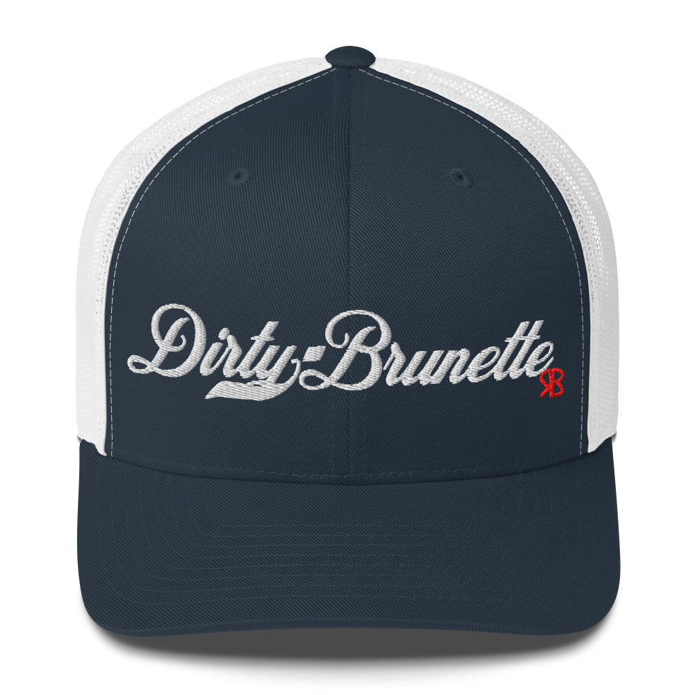 navy/white trucker cap with 'Dirty Brunette' in white milkstore font. Branded RB in Red