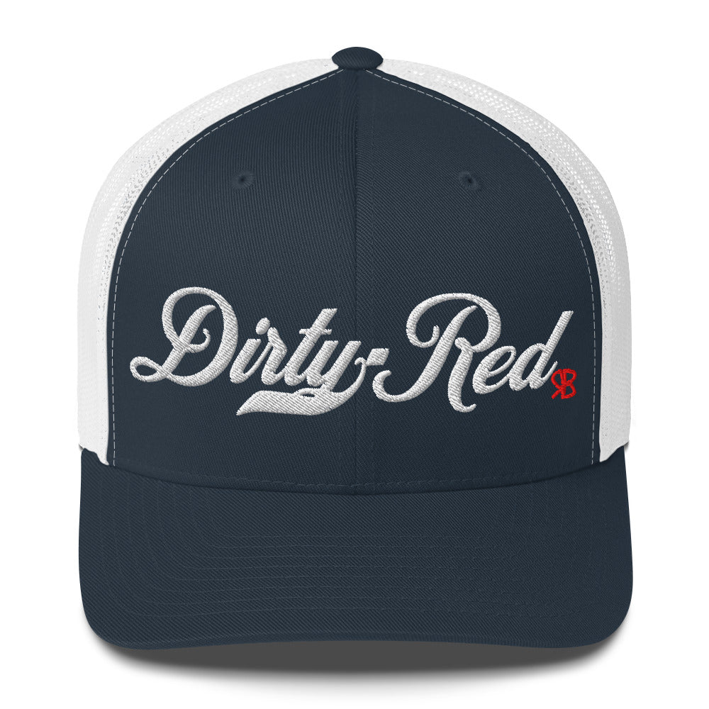 navy/white trucker cap with 'Dirty Red' in white milkstore font. Branded RB in Red