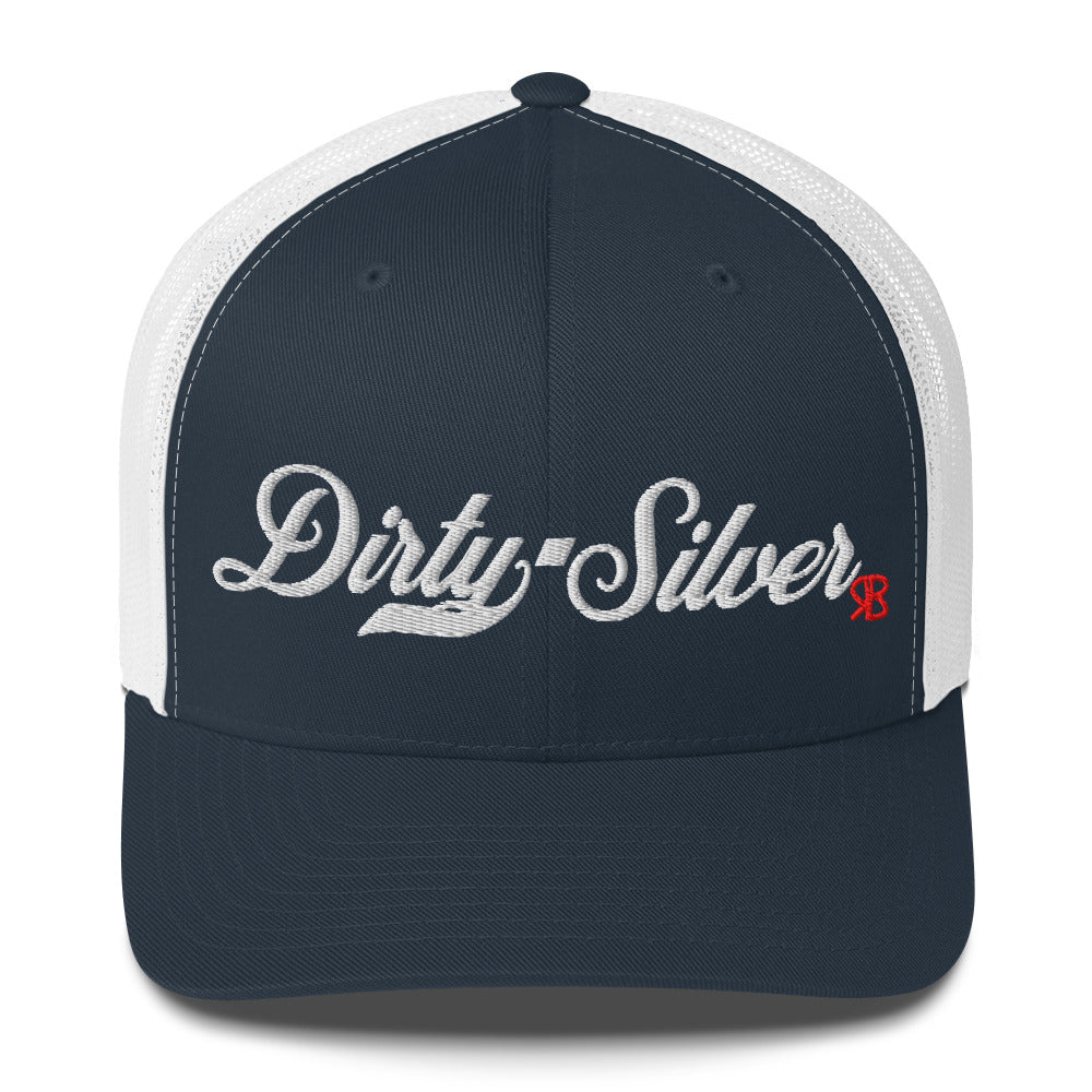navy/white trucker cap with 'Dirty Silver' in white milkstore font. Branded RB in Red