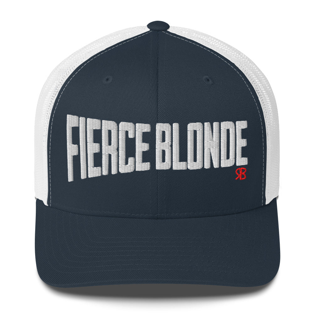 navy/white retro trucker cap with bold white embroidered text “Fierce Blonde” across the front, featuring a small red RB logo on the side.