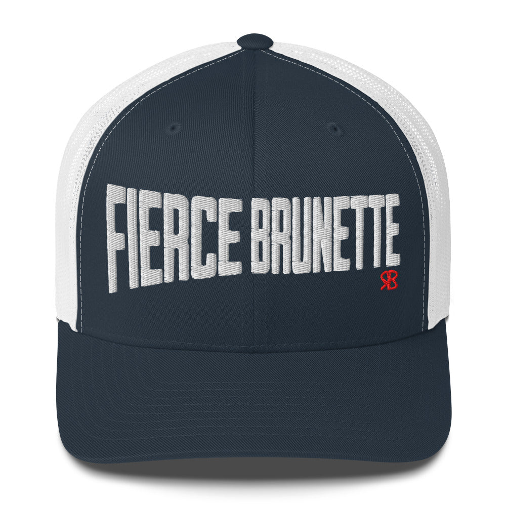 navy/white retro trucker cap with bold white embroidered text “Fierce Brunette” across the front, featuring a small red RB logo on the side.