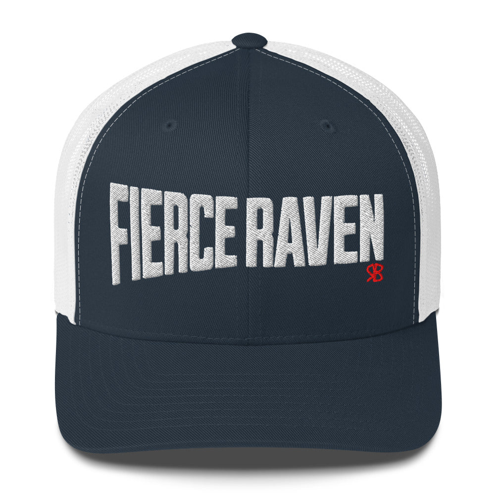 navy/white retro trucker cap with bold white embroidered text “Fierce Raven” across the front, featuring a small red RB logo on the side.