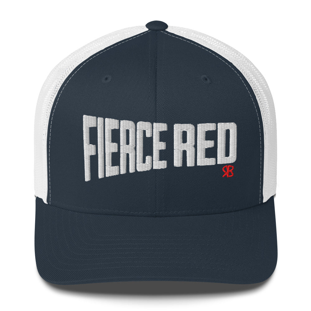 navy/white retro trucker cap with bold white embroidered text “Fierce Red” across the front, featuring a small red RB logo on the side.