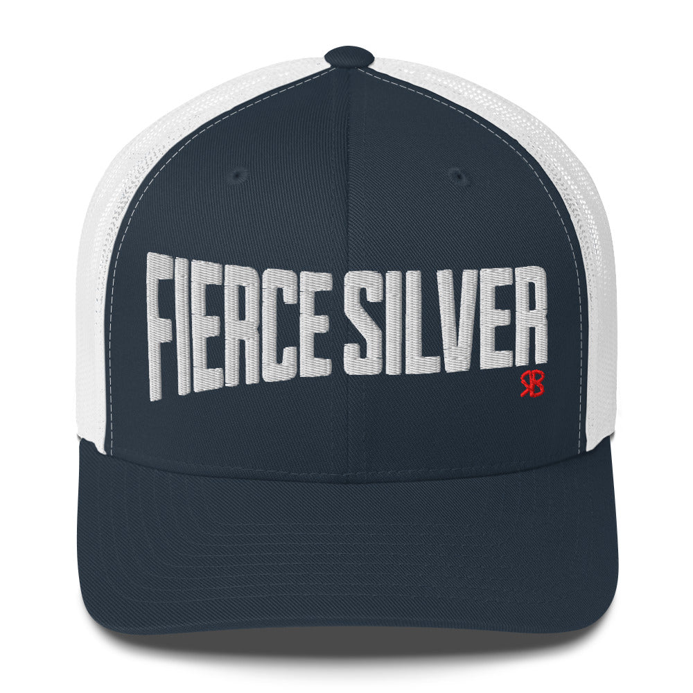 navy/white retro trucker cap with bold white embroidered text “Fierce Silver” across the front, featuring a small red RB logo on the side.
