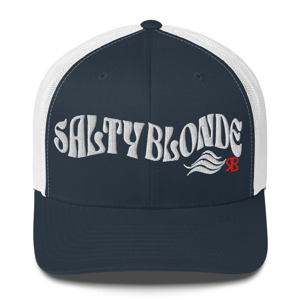 navy/white trucker cap with 'Salty Blonde in white Solino display font. Branded RB in red