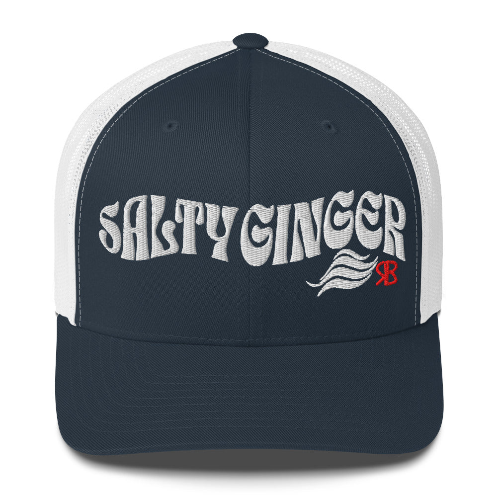 navy/white trucker cap with 'Salty Ginger' in white Solino display font. Branded RB in red