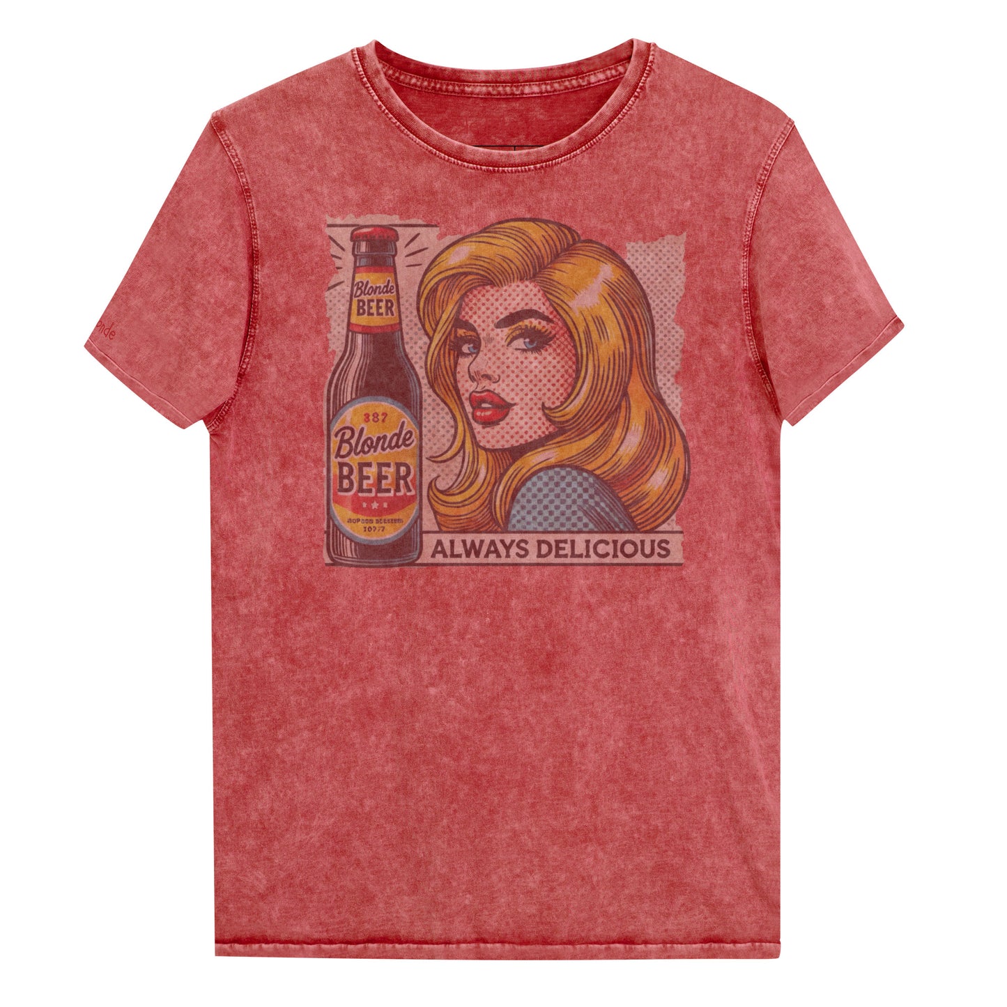Flatlay of a unisex vintage garnet red denim wash t-shirt featuring a pop-art graphic of the head and shoulders of a Blonde woman next to a bottle of Beer, labelled Blonde Beer, Always Delicious. branded RedBlonde in red on inside neck and right sleeve